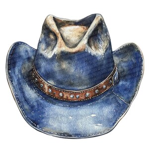 May include: A blue denim cowboy hat with a brown leather band and silver studs. The hat has a worn and distressed look.