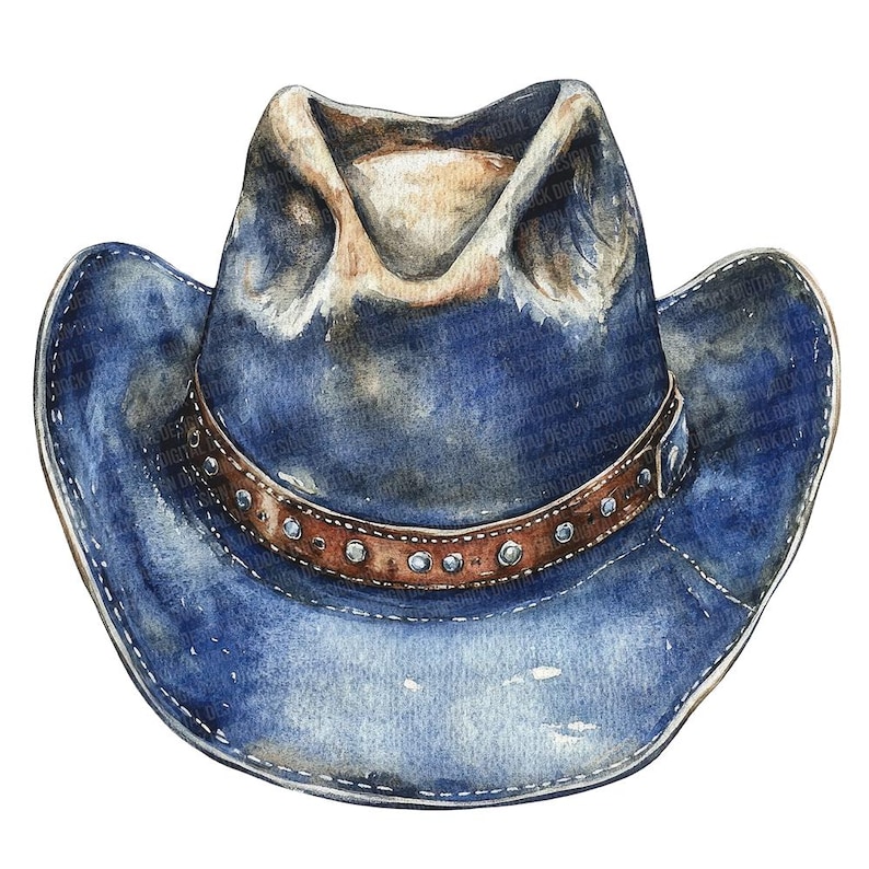 May include: A blue denim cowboy hat with a brown leather band and silver studs. The hat has a worn and distressed look.
