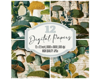 Seamless Pop Art Boletus Eucalyptus Junk Journal Paper 12x Botanical Mushroom Digital Paper Pack Distressed Texture Paper Ephemera JPG