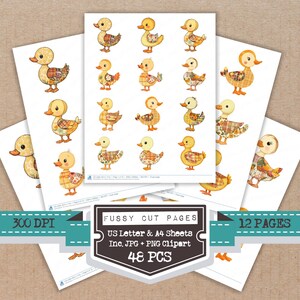 May include: Sheets of paper with illustrations of cartoon ducks in yellow, orange, and brown patchwork designs. The image text includes "Fussy Cut Pages", "US Letter & A4 Sheets", "Inc. JPG + PNG Clipart", and "48 PCS".
