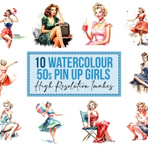 10 x jaren 50 pin-up girls aquarel vintage vrouwen clipart JPG digitale illustraties bundel downloads jpeg-bestand t-shirt ontwerpen commercieel gebruik afbeeldingen