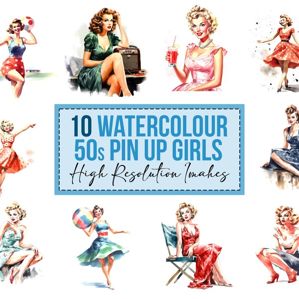 10x 50s Pin Up Girls Watercolour Vintage Women Clipart JPG Digital Clip Art Bundle Downloads jpeg File t-shirt Designs Commercial Use Images