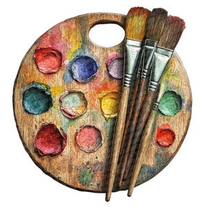 May include: A wooden artist's palette with a variety of paint colours, including red, blue, green, yellow, and orange. Four paintbrushes are placed on top of the palette.