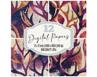 12x Impressionist Antlers Junk Journal Paper Plum Bone Digital Paper Pack Distressed Texture Scrapbook Paper Ephemera JPGs Digital Download