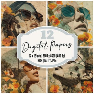 Paquete de 12 collages de papel digital de diario basura de la costa de California con textura de viaje de mujer, archivos JPG de alta calidad, descarga de álbumes de recortes