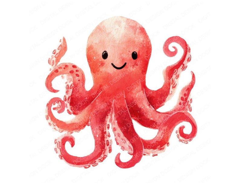 May include: A watercolour illustration of a smiling octopus in shades of red. The octopus has eight curling tentacles with small suckers and a rounded head. The artwork is on a white background.