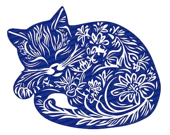 Imágenes prediseñadas de gatos azules de Delft, conjunto de 12 imágenes PNG de gatos con estampado floral, imágenes prediseñadas decorativas de gatos, descarga digital, manualidades con papel, scrapbooking, proyectos de bricolaje.