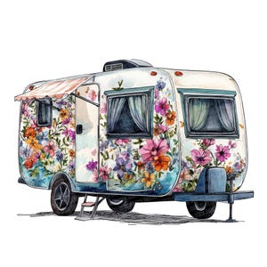 12x Retro Camper PNG Clipart, Floral Trailer Clip Art, Printable Watercolor PNG, Digital Download, Card Making, Scrapbooking, Clip Art Set