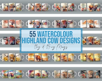 Pacote com 55 imagens PNG de vacas das Terras Altas em aquarela para sublimação em canecas de 325 ml e 445 ml. Downloads em PNG disponíveis. Mega Design Digital.