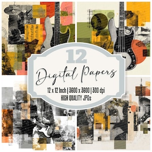 May include: A collage of 12 digital papers with a musical theme. The papers feature guitars, drums, and musical notes in a mix of colors including orange, yellow, and gray. The text on the image reads "12 Digital Papers 12 x 12 Inch | 3600 x 3600 | 300 dpi HIGH QUALITY JPGs."