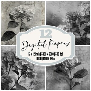 12x Fog Hydrangea Junk Journal Paper Grain Texture Digital Paper Pack Vintage Floral High Quality JPGs Scrapbook Paper Download