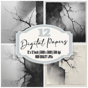 Puede incluir: Un collage de cuatro diseños de papel digital en blanco y negro. Cada diseño presenta una rama con ramitas finas sobre un fondo texturizado. La imagen incluye el texto "12 Digital Papers" y detalles sobre el tamaño y la resolución del papel.