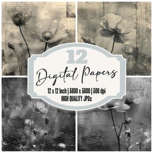 12x Invert Flare Poppy Junk Journal Paper Vintage Floral Digital Paper Pack Script Texture High Quality JPGs Scrapbook Paper Download