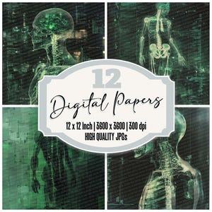 以下が含まれることがあります： 緑と白の骨格の解剖学のイラストが描かれたデジタルペーパー12枚セット。ペーパーは12インチ×12インチ、3600×3600ピクセル、300dpi。高品質JPG。