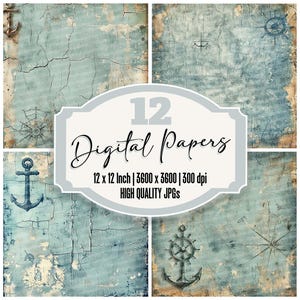 12x Nautical Junk Journal Paper, Vintage Maritime Digital Paper Pack, High Quality JPGs, Scrapbook Paper, Digital Download, Distressed Paper
