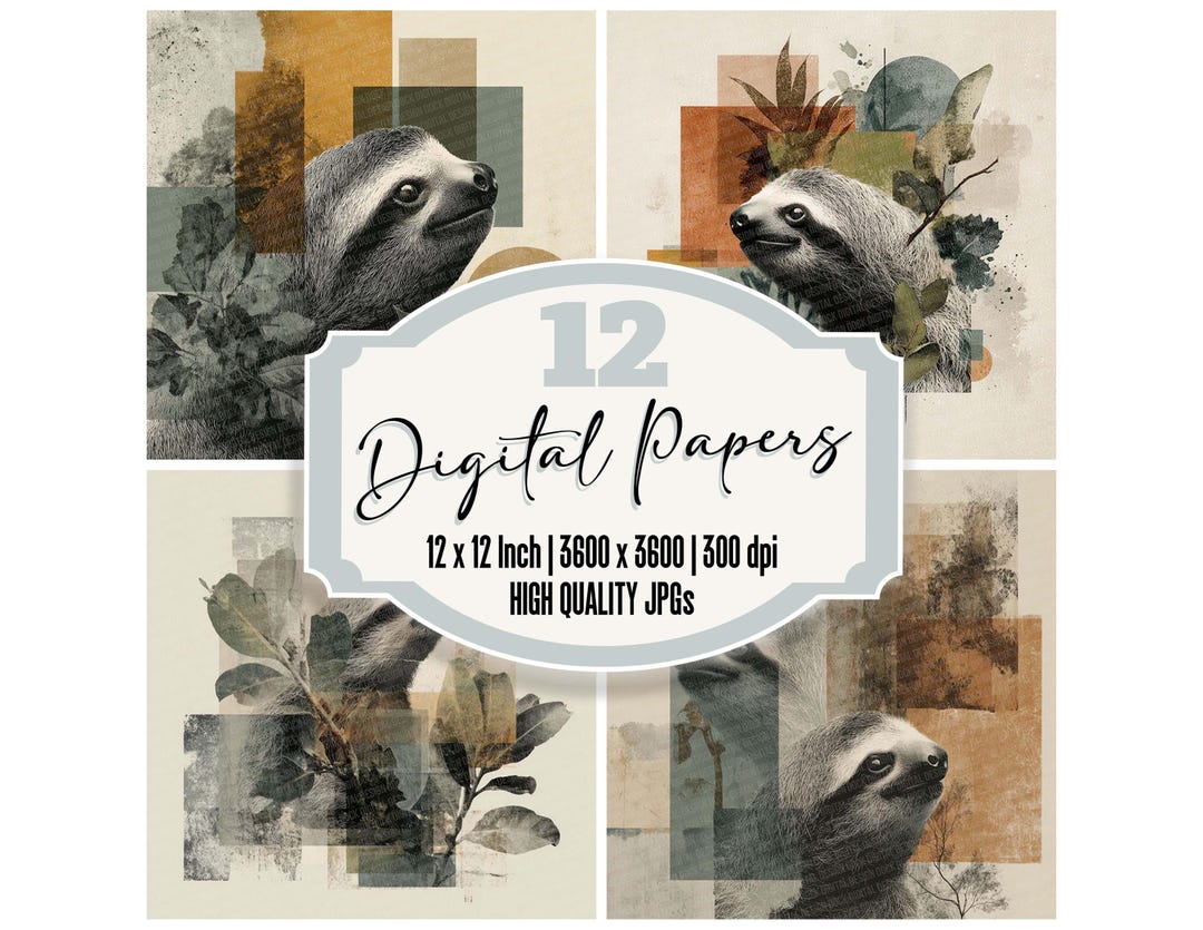 Sloth Digital Paper 12 Sloth Junk Journal Paper Jungle Collage Digital Paper Pack Tropical ...