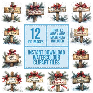 12 x kerstbord clipart, aquarel kerstkaarten maken, hoge kwaliteit jpg's, digitale download, kaarten maken, digitale papieren, aquarel clipart