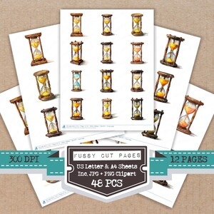 May include: A collection of watercolor hourglass illustrations on white paper. The hourglasses have wooden frames and contain yellow, orange, and blue sand. The image includes text that reads "Fussy Cut Pages", "US Letter & A4 Sheets", "Inc. JPG + PNG Clipart", "48 PCS", and "12 PAGES".