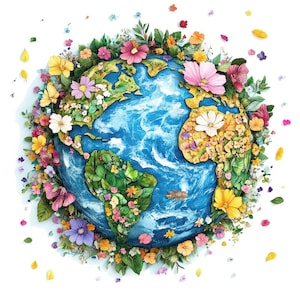 Pressed Flower Earth PNG Clip Art, 12x Floral Globe Clipart Set, Printable Watercolor Planet Map, Transparent PNG, Eco Art, Digital Download