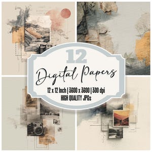 Può includere: Presentazione di quattro design di carta digitale con elementi acquerellati e disegnati. I design includono paesaggi, dettagli architettonici e forme astratte. Il testo "12 Digital Papers" e i dettagli sulle dimensioni e la risoluzione sono inclusi.