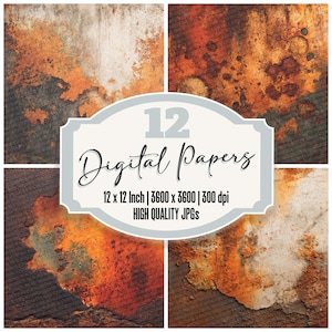 Può includere: Un collage di quattro carte digitali con una texture arrugginita e usurata in tonalità arancioni, marroni e grigie. L'immagine include un'etichetta centrale che recita "12 Digital Papers" con informazioni su dimensioni e qualità.
