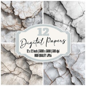 May include: A digital art image featuring four sections of marble-like textures in shades of gray, white, and brown. The image includes text that reads "12 Digital Papers" and specifies dimensions of 12 x 12 inches and 300 dpi.