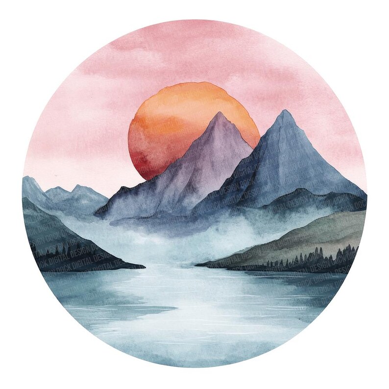Pu&ograve; includere: Un dipinto ad acquerello di una catena montuosa con un grande sole arancione che tramonta dietro di essa. Le montagne sono di un blu profondo e viola, e l'acqua in primo piano &egrave; di un blu chiaro. Il cielo &egrave; di un rosa tenue.