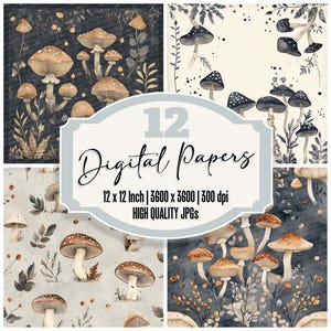 12 x papier journal indésirable champignon folklorique encadré paquet de papier numérique botanique arrière-plans de forêt d'automne fichiers JPG de haute qualité à télécharger