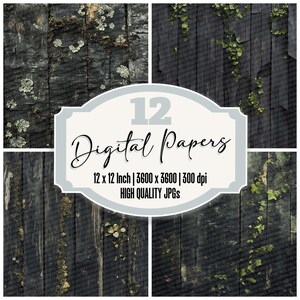 Paquete de 12 papeles digitales rústicos oscuros con textura envejecida, de madera musgosa, para diario, papel imprimible, fondo para álbum de recortes.