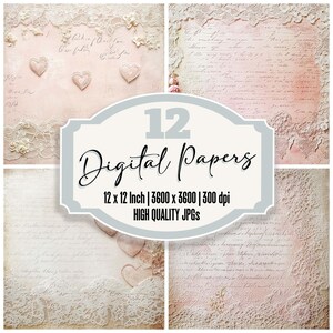 12x Lace Rose Zuneigung Junk Journal Papier Digitales Papier Pack Romantische Spitze Herzen Vintage Blumen Hochwertiges JPGs Printable Papier