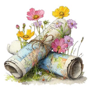Pode incluir: Ilustração em aquarela de dois mapas antigos enrolados, amarrados com barbante, rodeados por flores silvestres coloridas. Os mapas apresentam um design detalhado do mapa-múndi, com flores rosas, amarelas e roxas.