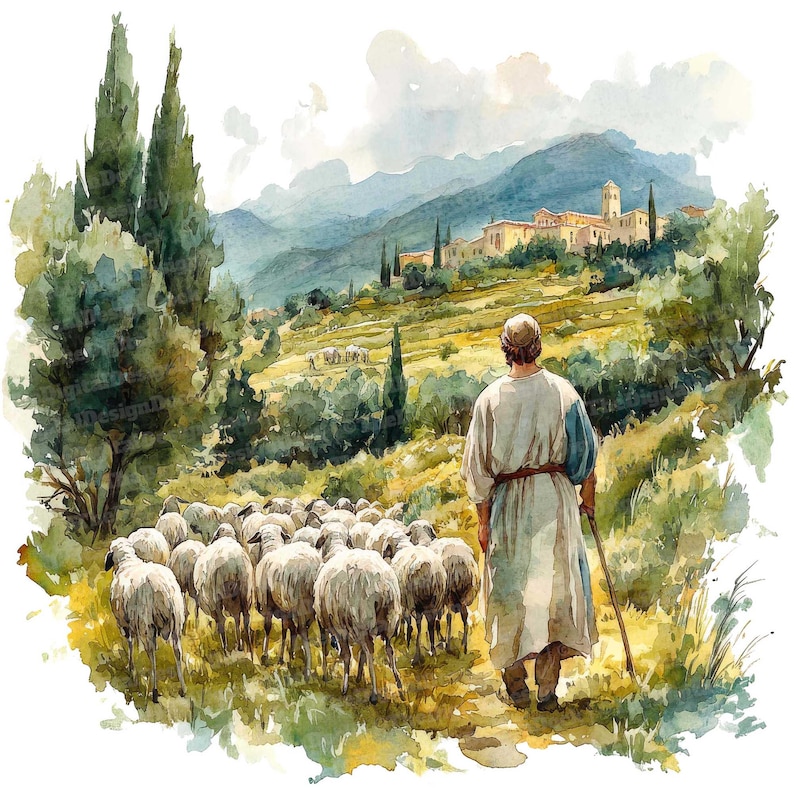 Shepherd In Robe 12 Shepherd and Sheep Watercolor Clipart, Pastoral Scene Art, Printable ...