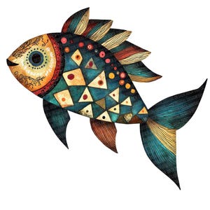 Può includere: Illustrazione stilizzata di un pesce con motivi intricati. Il pesce presenta un corpo verde acqua adornato con forme geometriche nei toni del giallo, arancione e marrone. Le pinne e la coda sono dettagliate con tonalità verde acqua e marrone.