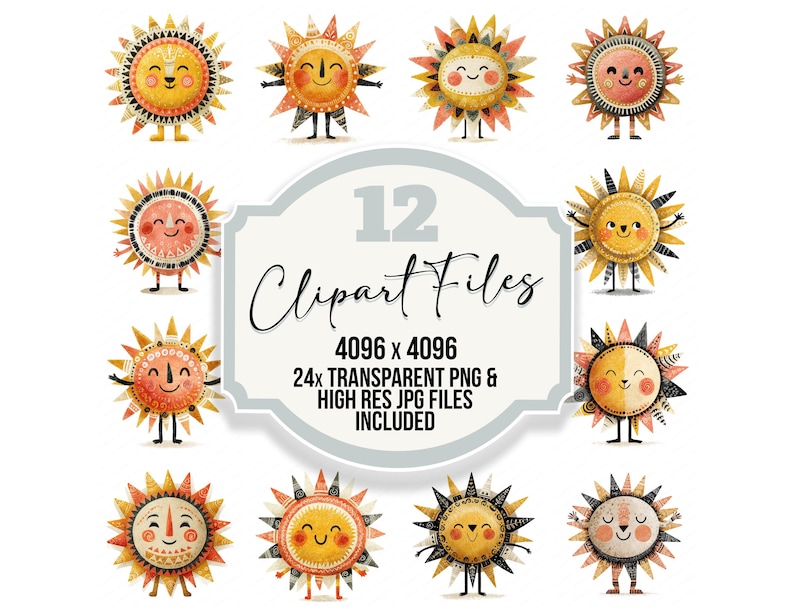 Sun Character PNG Clipart, 12x Folk Art Sunshine Art Set, Printable ...