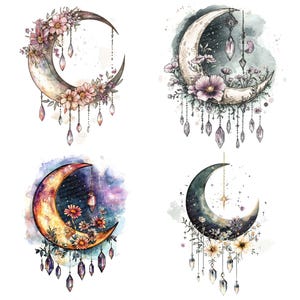 May include: Four watercolor illustrations of crescent moons with floral embellishments and dangling crystals. Each moon has a different color scheme and background.