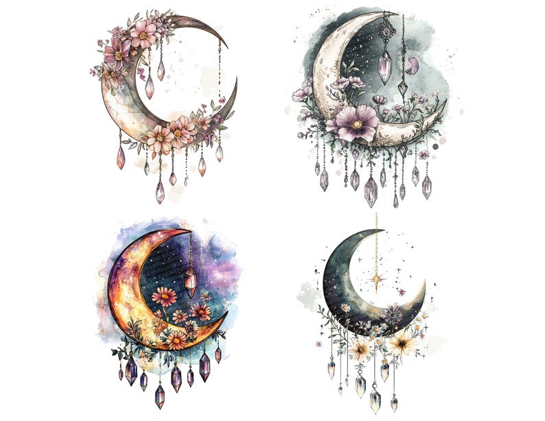 May include: Four watercolor illustrations of crescent moons with floral embellishments and dangling crystals. Each moon has a different color scheme and background.