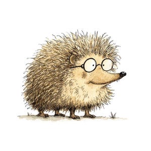 May include: A whimsical watercolor illustration of a hedgehog wearing round eyeglasses. The hedgehog has brown quills and a light brown face. It is standing on a patch of grass against a white background. The style is reminiscent of a children's book illustration.