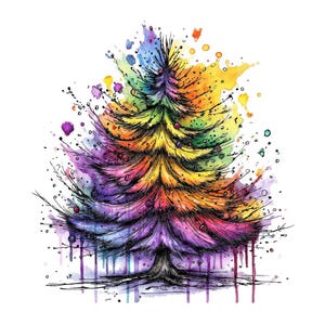 Puede incluir: Ilustración en acuarela de un árbol de Navidad con un arcoíris de colores. El árbol está representado con un contorno negro y está rodeado de salpicaduras de pintura coloridas. La obra de arte tiene un ambiente caprichoso y festivo.
