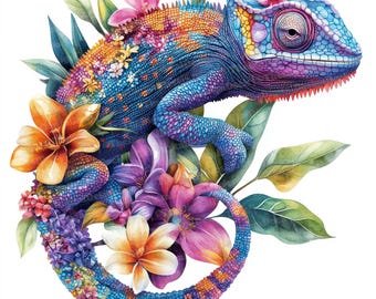 12x Chameleon Clipart, Floral Chameleon Clipart, Printable Watercolor Clipart, Paper Crafts, Wall Art, Digital Download, Junk Journals