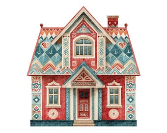 Cozy Folk Art House Clipart, 12 High-Quality PNG/JPG, Printable Watercolor Home Art, Digital Download, Decorative Clip Art, Transparent PNG