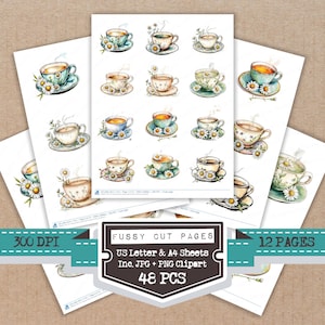 May include: Watercolor illustrations of teacups and saucers with daisy accents are arranged on several sheets of paper. The image includes the text "Fussy Cut Pages", "US Letter & A4 Sheets", "Inc. JPG + PNG Clipart", "48 PCS", "12 PAGES", and "300 DPI".