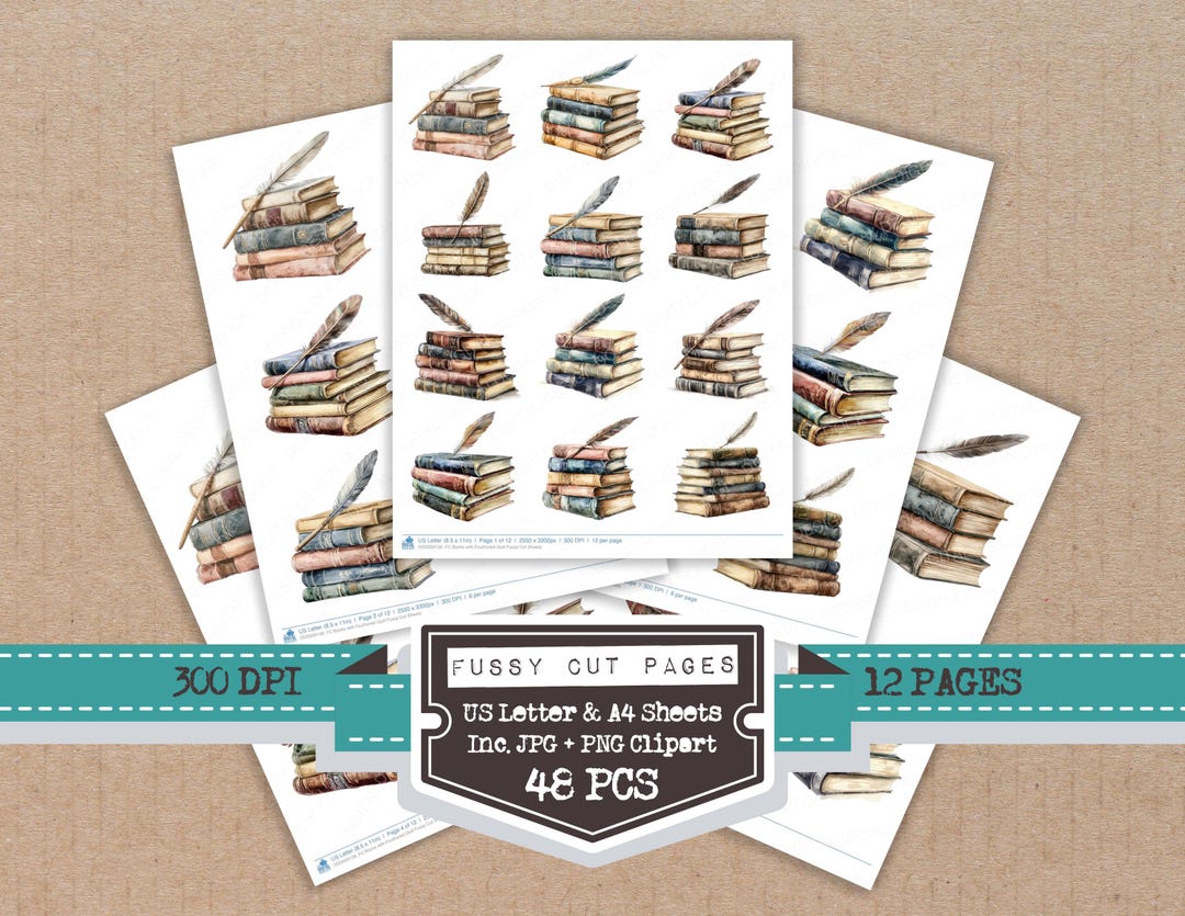 Books With Feathered Quill Fussy Cut Sheets, 12x Printable Pages, Junk ...