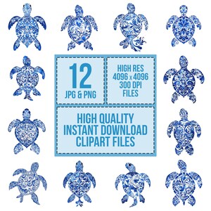 May include: Twelve blue and white watercolour turtle illustrations with intricate floral patterns. The turtles are arranged in a grid pattern on a white background. The text "12 JPG & PNG", "HIGH RES 4096 x 4096 300 DPI FILES", and "HIGH QUALITY INSTANT DOWNLOAD CLIPART FILES" is also included in the image.