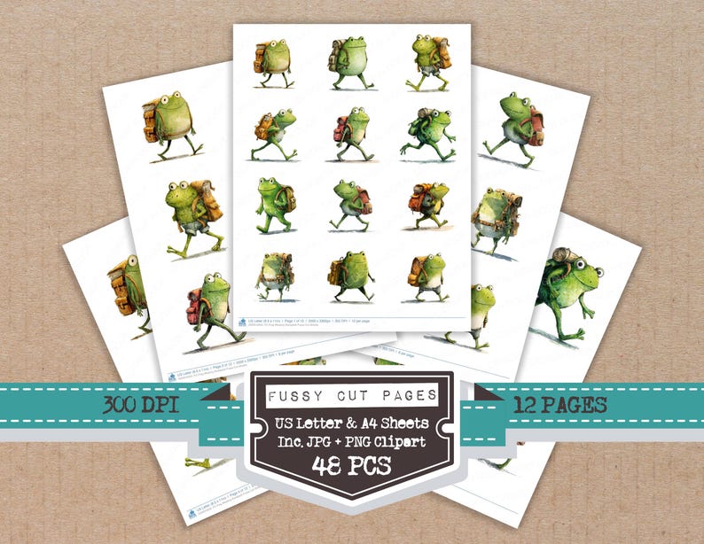 Frog Wearing Backpack Fussy Cut Sheets, 12x Printable Adventure Pages ...