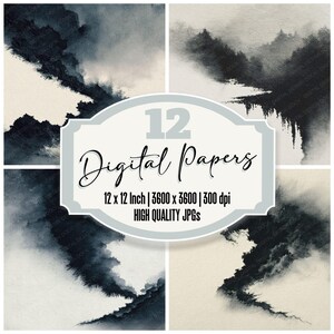 12x Ink Wash Charcoal Junk Journal Paper, Graphite Texture, Digital Paper Pack, Distressed Background, Scrapbook Paper, Art Journal, JPGs,