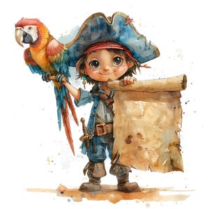 12 Pirate Cartoon Clipart, Watercolor Party Invitation Clipart, Printable Clipart, Paper Crafts, Wall Art, Digital Download, Junk Journals