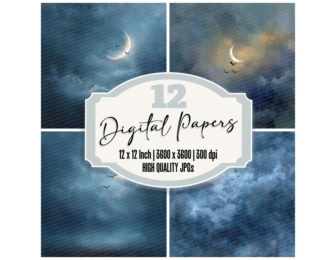 12 Halloween Moon Junk Journal Paper Foggy Night Sky Digital Paper Pack ...