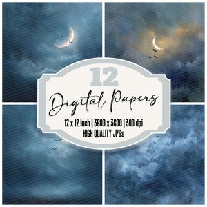May include: A digital art composition featuring four panels with a night sky theme. Each panel displays a crescent moon, clouds, and birds. The central element is a decorative label with the text "12 Digital Papers" and product details.
