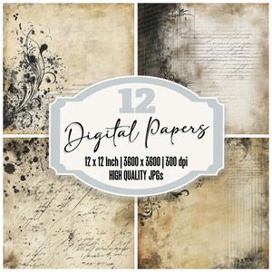 12 x encre renversée papier journal indésirable de calligraphie, paquet de papier numérique vintage, arrière-plans de manuscrits âgés, JPG de haute qualité, papier de scrapbooking