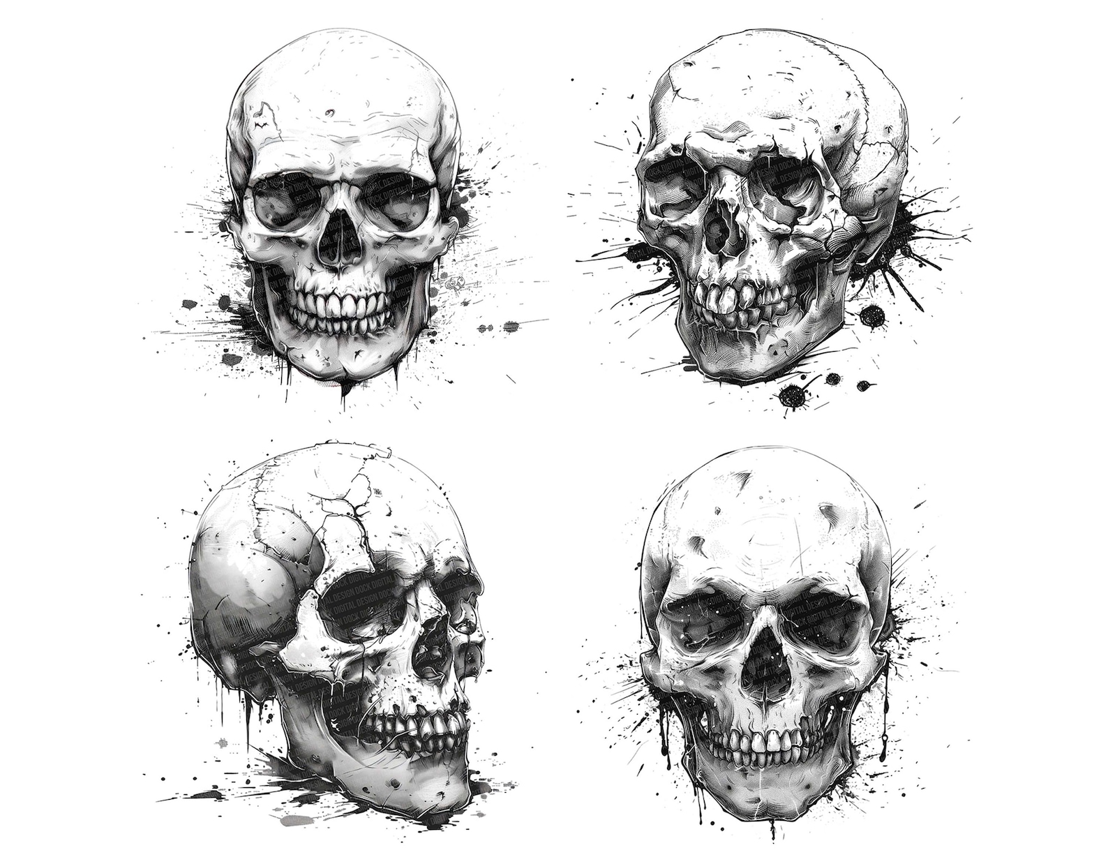 Skull Clipart, 12x Ink Drawing Skull Art Set, Printable Gothic Tattoo ...